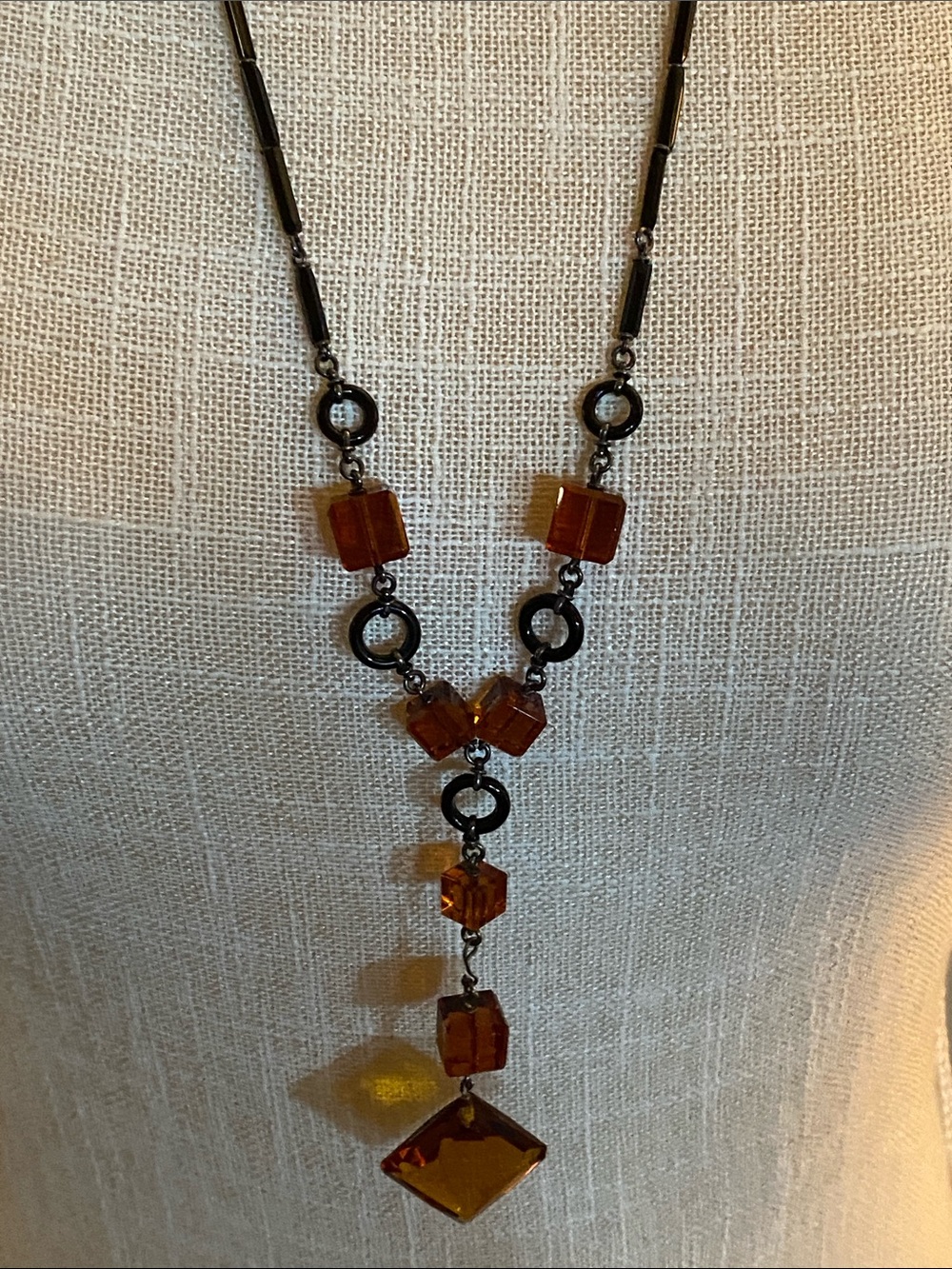 Amber Colored Glass Beaded Y Necklace Vintage